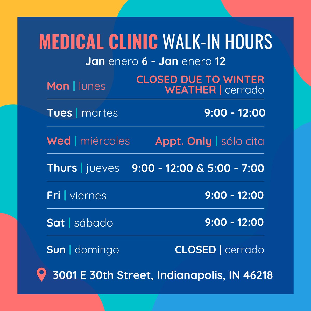 ‼️ WEEKLY HOURS UPDATE ‼️ ALL CLINICS ARE CLOSED MONDAY, JANUARY 6TH due to current road conditions. These hours are walk-in hours ONLY for the GFC Medical Clinic inside of the St. Vincent de Paul Food Pantry at 3001 E. 30th Street, Indianapolis, IN 46218. See you there!