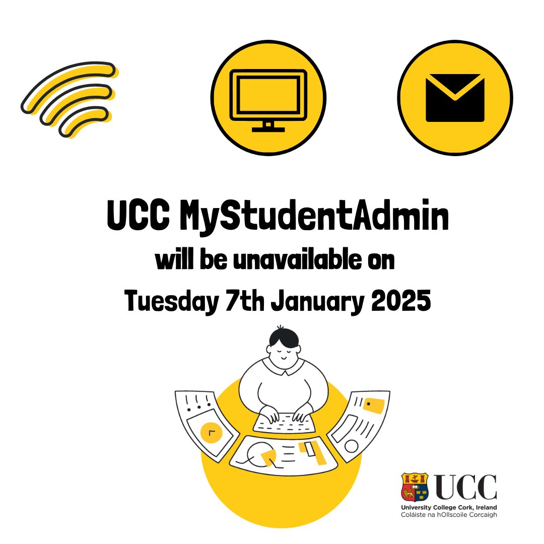UCCITServices's tweet image. 📢Hey @UCC students! Just a heads up that MyStudentAdmin will be unavailable on Tuesday, 7th January 2025, from 9am to 5pm.