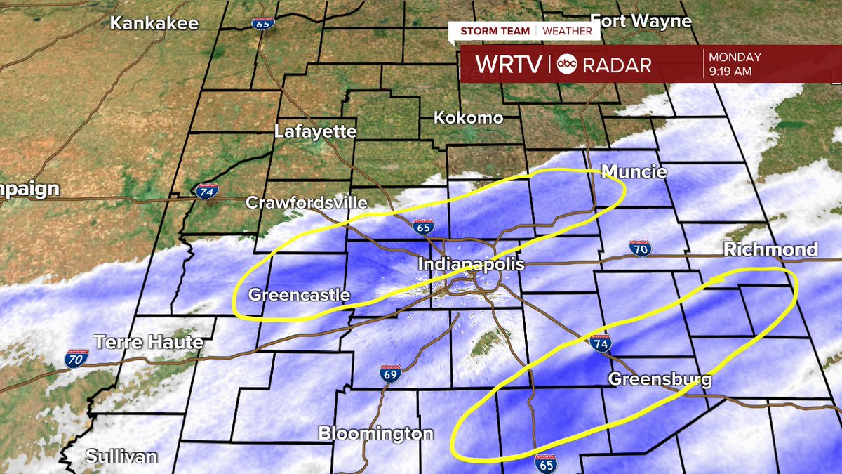 Two good bands of snow on radar still.   Also, you can see where the snow to the north has ended.  Although blowing and drifting will still take place.   Most areas where it is still snow will see an inch or less of accumulation.  <a href="/WRTV/">WRTV Indianapolis</a>