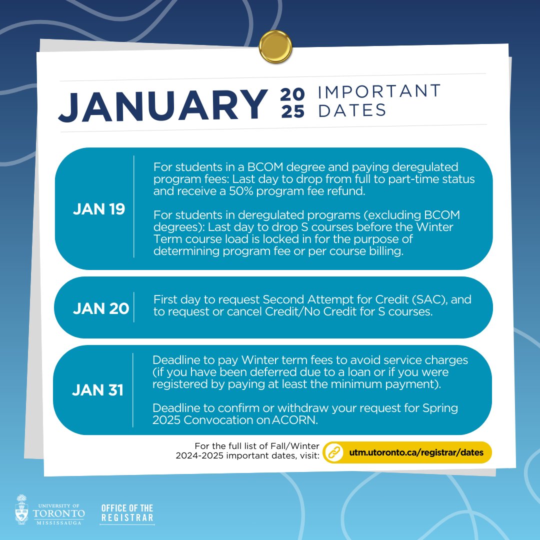 ❄️ Happy new year! S term begins January 6 and we have some key dates to keep in mind for this month.

For the full list of important dates, visit: utm.utoronto.ca/registrar/dates