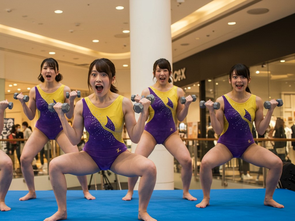 omukare_wanwan's tweet photo. たまたま立ち寄ったショッピングモールで、地元大学の女子体操部によるステージがやっていました。撮影可能ということで、カメラやスマホを構えてるおじさん達がたくさん。

体操演技だけかと思ったら、芸人のコントみたいなことをやったり、大学が考案？したシュールなエクササイズなんかまでやってくれて見応え抜群でした。

なんと最後は、好きなポーズをリクエストして記念撮影ができるコーナーまでありましたが、みんな遠慮して無難なポーズばかりお願いしていました。
そろそろ終わりそうな雰囲気だったそんな中、とんでもないポーズをお願いした爺さんが･･･（この瞬間のシャ��ター音とフラッシュが一番凄かったかも🤣）
#AI生成 #ImageFX