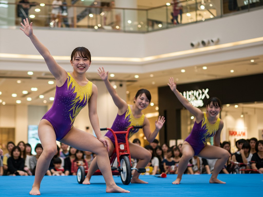 omukare_wanwan's tweet photo. たまたま立ち寄ったショッピングモールで、地元大学の女子体操部によるステージがやっていました。撮影可能ということで、カメラやスマホを構えてるおじさん達がたくさん。

体操演技だけかと思ったら、芸人のコントみたいなことをやったり、大学が考案？したシュールなエクササイズなんかまでやってくれて見応え抜群でした。

なんと最後は、好きなポーズをリクエストして記念撮影ができるコーナーまでありましたが、みんな遠慮して無難なポーズばかりお願いしていました。
そろそろ終わりそうな雰囲気だったそんな中、とんでもないポーズをお願いした爺さんが･･･（この瞬間のシャ��ター音とフラッシュが一番凄かったかも🤣）
#AI生成 #ImageFX