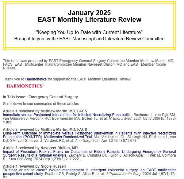 EAST (@east_trauma) on Twitter photo This month’s EAST Monthly Literature Review on Emergency General Surgery is brought to you by Matthew Martin, MD, FACS, Navpreet Dhillon, MD and EAST Member Nicole Russell. Thank you to our sponsor <a href="/HaemoneticsCorp/">Haemonetics Corp</a>! Read the #EASTLitReview here and share your feedback: This month’s EAST Monthly Literature Review on Emergency General Surgery is brought to you by Matthew Martin, MD, FACS, Navpreet Dhillon, MD and EAST Member Nicole Russell. Thank you to our sponsor <a href="/HaemoneticsCorp/">Haemonetics Corp</a>! Read the #EASTLitReview here and share your feedback: