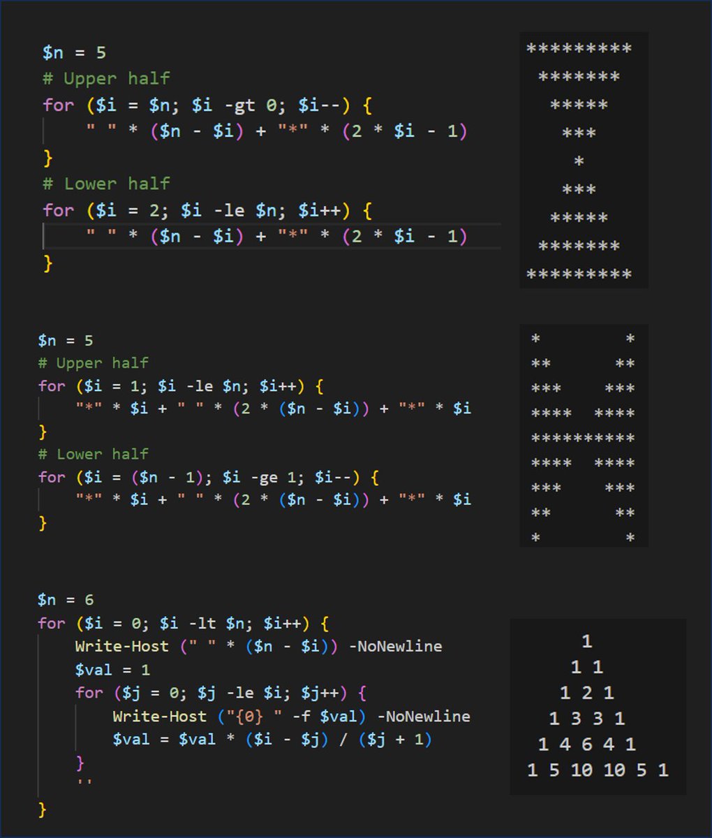 dfinke's tweet image. PowerShell patterns made simple: diamonds, pyramids, and Pascal’s triangle.