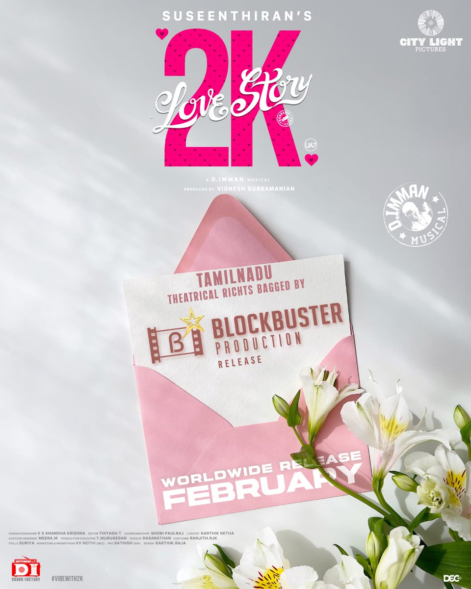Vadivelumeme's tweet photo. The Tamil Nadu theatrical rights of #2KLoveStory is bagged by Blockbuster Productions! 💥

@Dir_Susi @immancomposer @iamjagaveer @MeenakshiGovin2  @iamKarthikNetha @karthikraja_17 @teamaimpr @disoundfactory @decoffl

 #2KLoveStory 
 #2KLS #VibeWith2k https://t.co/uU5OQCPbFm