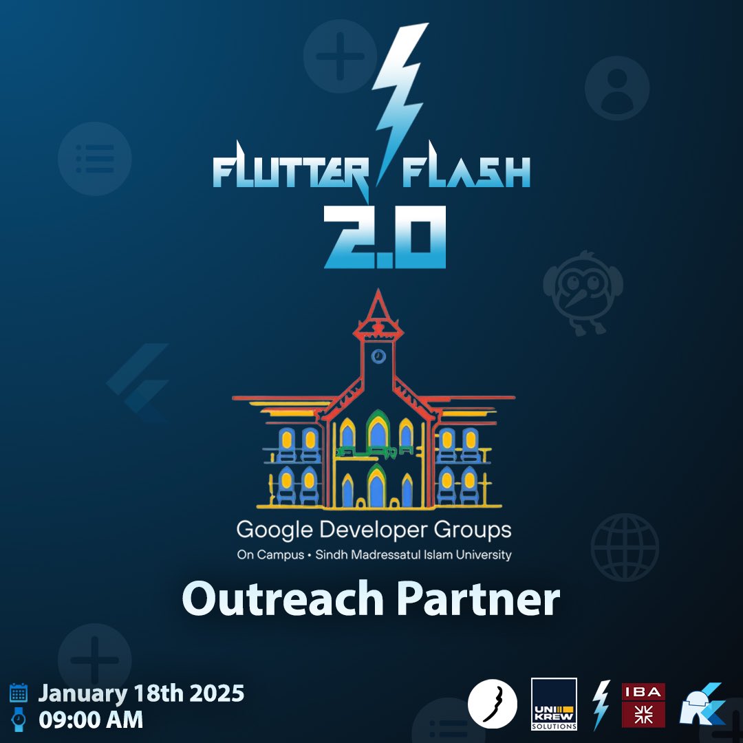Unveiling our outreach partners for Flutter Flash 2.0! We're excited to share that GDGoC SMIU has been essential in spreading the buzz about the flashiest event of the year.

Register now to not miss out on any of the action!
#flutter #flutterkarachi #flutterflash2025