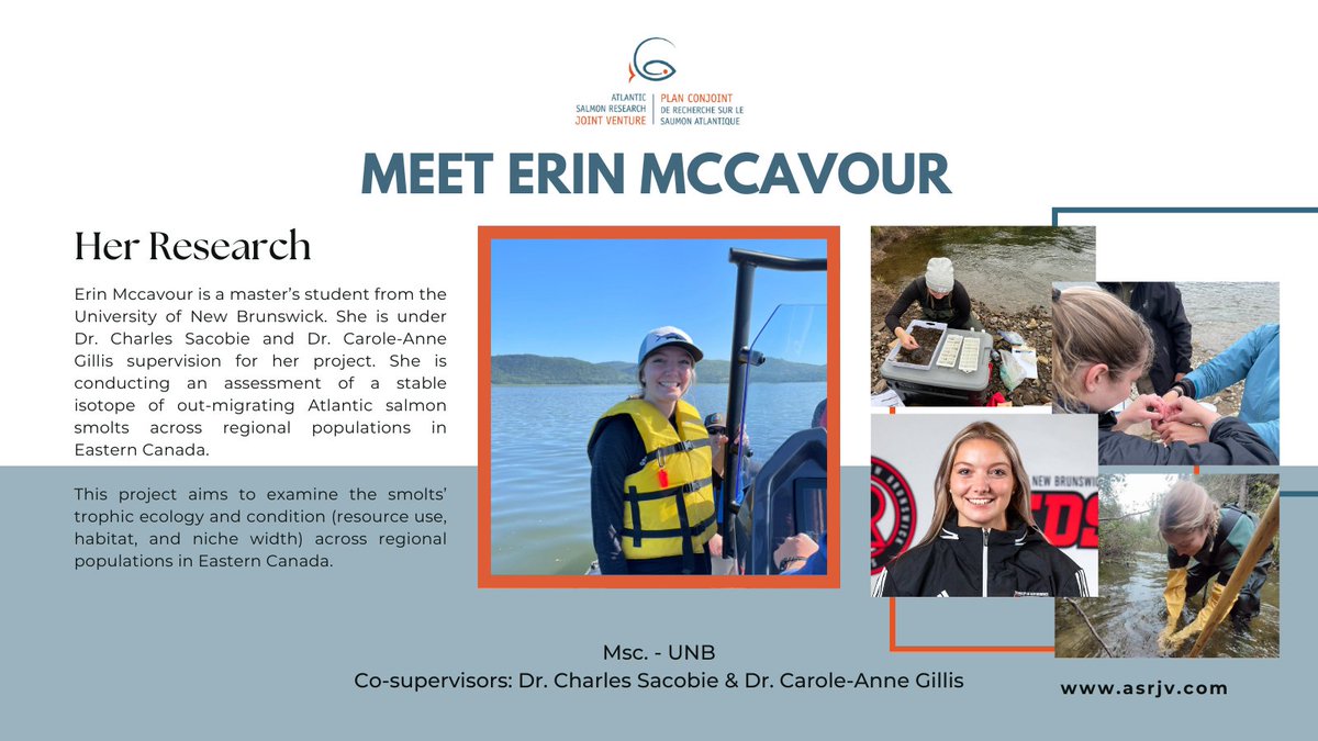 🐡 Meet Erin McCavour from our Student-HUB. 🐡

One of our students who is working on their masters' project: analyzing a stable isotope in migrating Atlantic salmon smolts across Eastern Canada regions.

Read more below or for more information contact Erin <a href="/erinmccavour/">Erin McCavour</a>