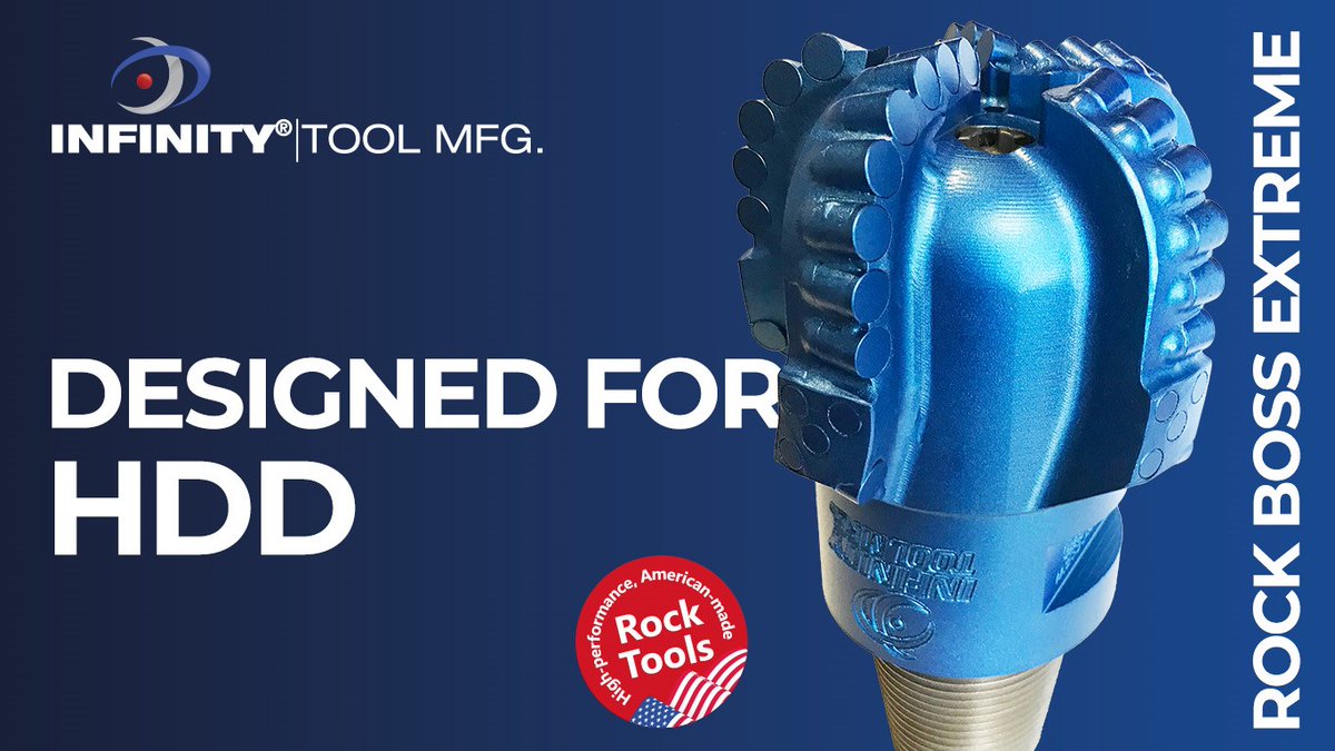 TrenchlessTech's tweet image. The Rock Boss Extreme pilot hole PDC bit by Infinity Tool Manufacturing is specifically designed for HDD, and is one of the most steerable rock bits on the market. infinitytoolmfg.com/product/hdd-pd…  #trenchlesstechnology #directionaldrilling #sponsoredpost