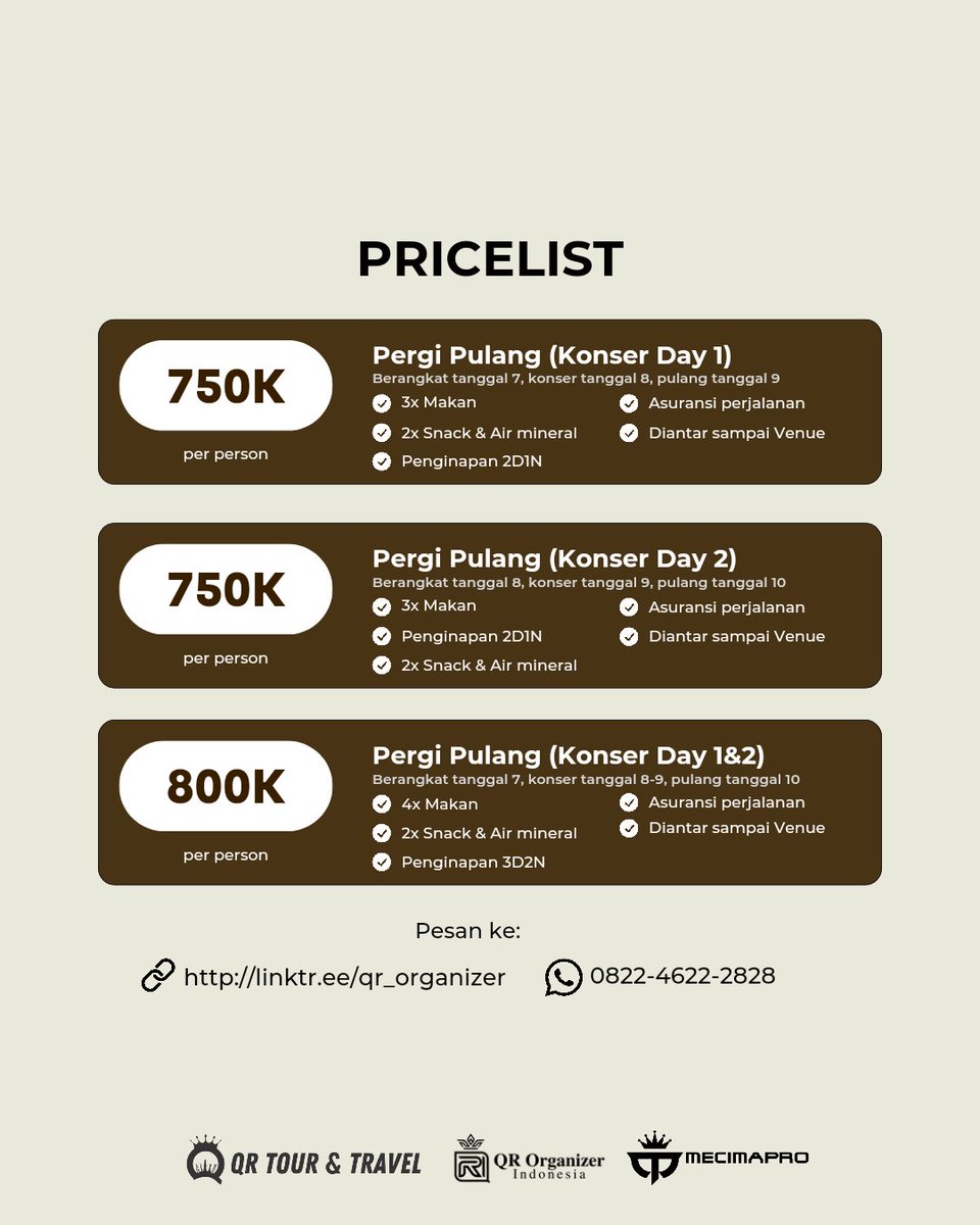 qr_tour's tweet image. MCP OFFICIAL PARTNER CONCERT TRANSPORTATION SEVENTEEN [RIGHT HERE] IN JAKARTA

Halo Carat Jawa Timur dan Sekitarnya! Yuk join official trip konser Seventeen dari QR Tour and Travel

Harga mulai 750rb/pax

Info dan pemesanan
🔗 linktree.com/qr_organizer 

Promoted by @mecimapro…