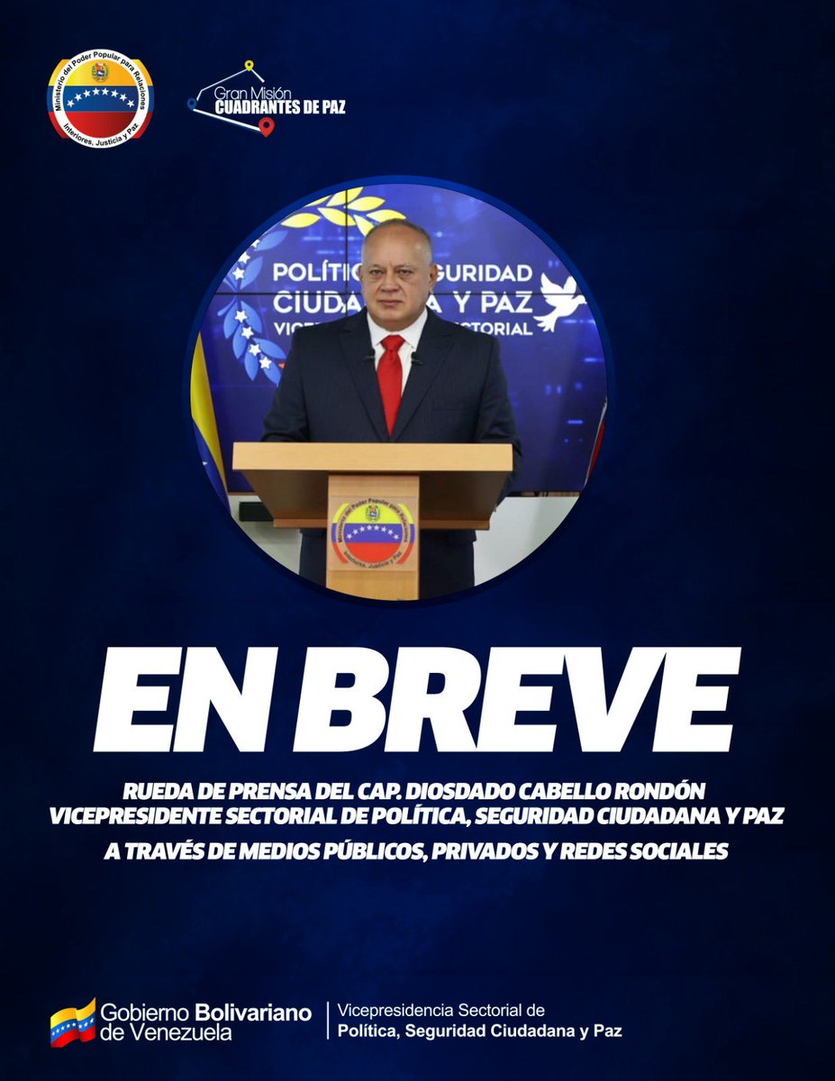 #6ENE || En breves minutos, Vpdte. Sectorial de Política Seguridad Ciudadana y Paz. Cap. @DCabellor estará ofreciendo rueda de prensa con importantes declaraciones.