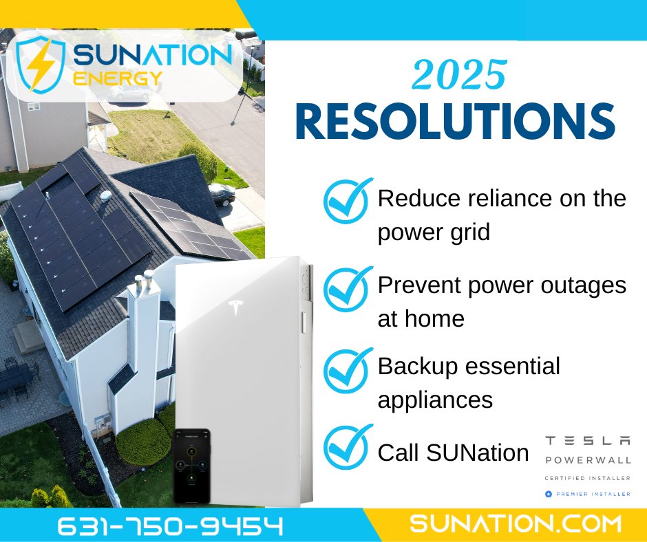 Here's a New Year's resolution you can cross off your list!

Reduce your energy bills, power grid reliance, and prevent power outages with a solar installation and the Tesla Powerwall backup energy battery from SUNation Energy.

Call today at 631-750-9454 to get started!