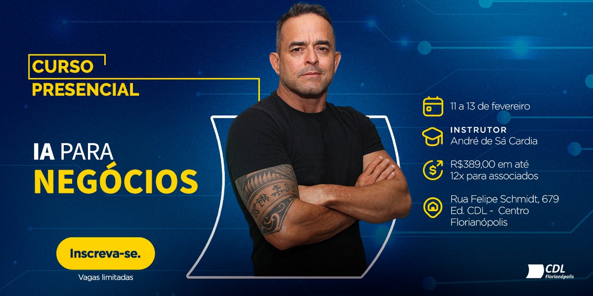 cdlfln's tweet photo. Curso Presencial – IA para Negócios

Capacite-se para aplicar a Inteligência Artificial no seu dia a dia profissional e impulsionar resultados. Em 3 dias intensivos, você aprenderá:
Princípios básicos da IA

Ferramentas práticas para negócios

Estratégias para transformar sua empresa com tecnologia

📅 Data: 11 a 13/02/2025
⏰ Horário: 19h às 22h
📍 Local: CDL Florianópolis
Rua Felipe Schmidt, 679 - Ed. CDL - Centro / Florianópolis

👨‍🏫 Instrutor: André de Sá Cardia
Especialista em Gestão de Mídias Sociais e Marketing Digital
Experiência de mais de 12 anos como professor e gestor de tráfego certificado
💰 Investimento: R$ 389,00 em até 12x sem juros

🛑 Vagas limitadas! Garanta já a sua inscrição e prepare-se para liderar o futuro dos negócios.

#CDLFLN #InteligenciaArtificial #IAParaNegócios #MarketingDigital #CursosFlorianópolis #TransformaçãoDigital #DesenvolvimentoProfissional