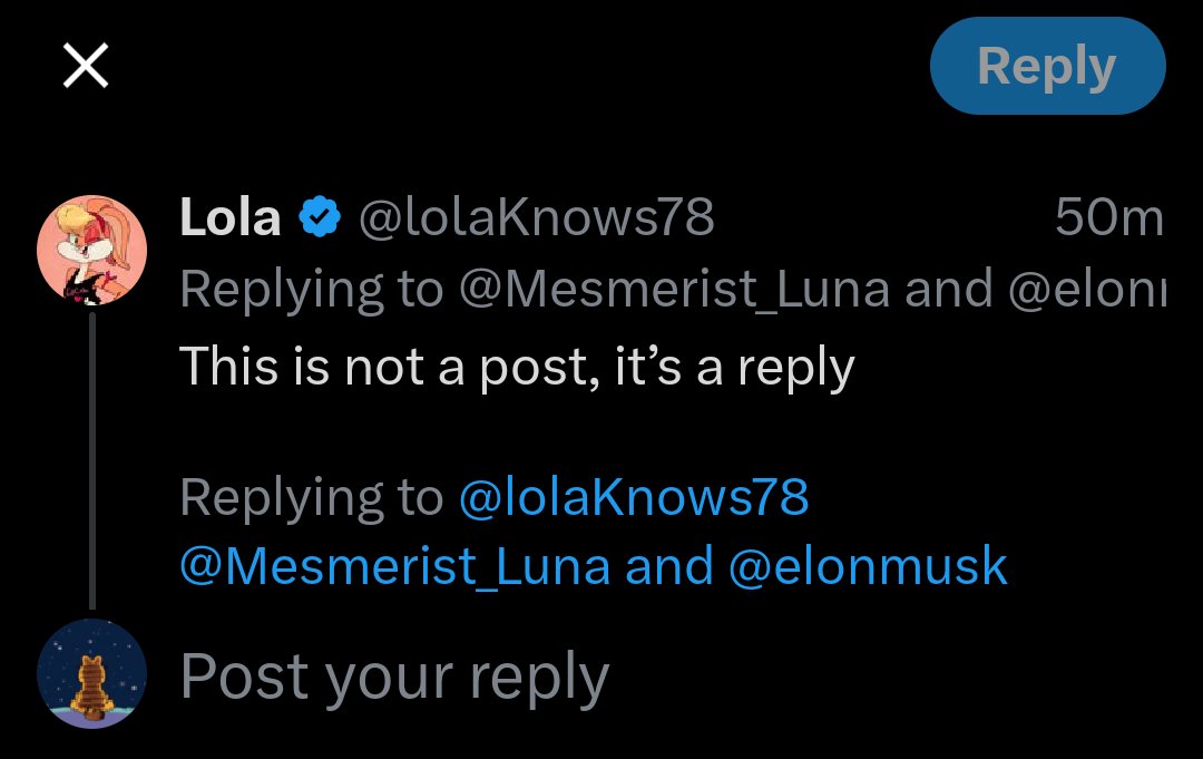 Thomas_A_H's tweet photo. @lolaKnows78 @Mesmerist_Luna @elonmusk "Post your reply" 😁
(yes, "'technically correct' is the best kind of 'correct'", but technically Elon used the verb "to post", not the noun "post") https://t.co/zKxzqWF4Tv