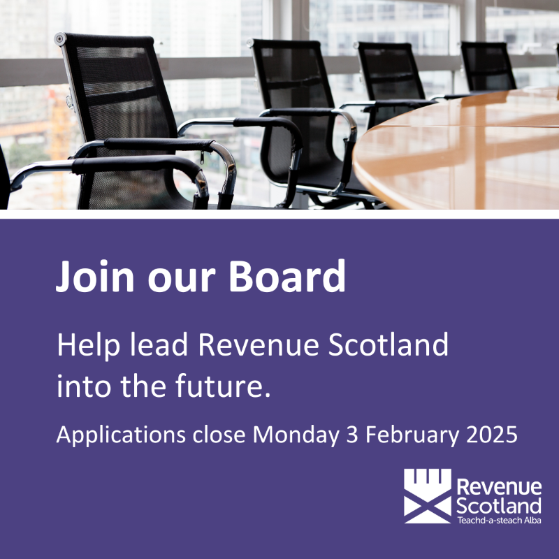 RevenueScotland's tweet photo. We have two positions on our Board available, with applications closing on Monday 3 February.

If you are interested in joining why not head to the Revenue Scotland website to find out more.