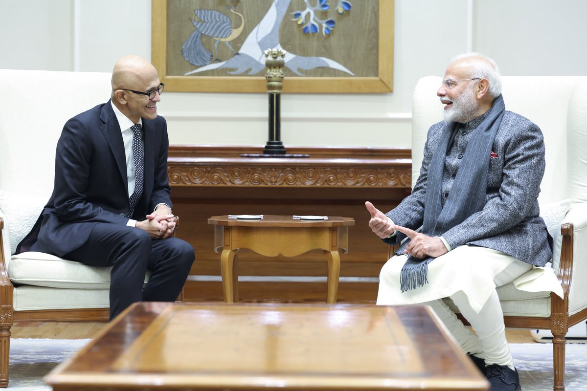 Satya Nadella (@satyanadella) on Twitter photo Thank you, PM <a href="/narendramodi/">Narendra Modi</a> ji for your leadership. Excited to build on our commitment to making India AI-first and work together on our continued expansion in the country to ensure every Indian benefits from this AI platform shift. Thank you, PM <a href="/narendramodi/">Narendra Modi</a> ji for your leadership. Excited to build on our commitment to making India AI-first and work together on our continued expansion in the country to ensure every Indian benefits from this AI platform shift.