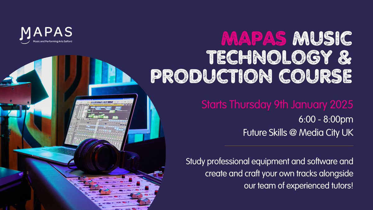 Do you have a passion for music and curious about how it's created? 🎶

Book your place on the <a href="/MAPAS1/">Music and Performing Arts Salford</a> Music Technology &amp; Production 12 Week Course starting 9th January 2025!

Book a place 👉  buff.ly/3CkSxHG