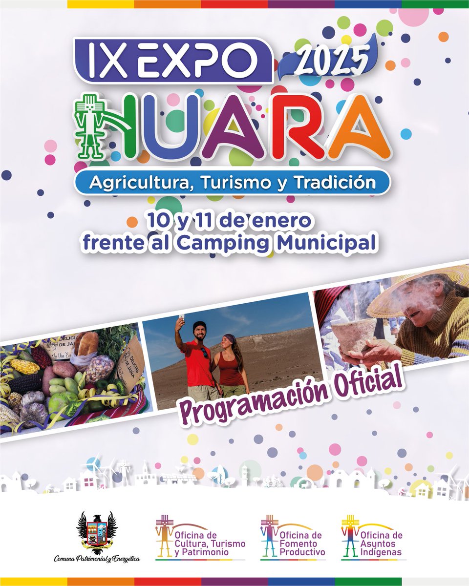 IM_HUARA's tweet photo. #ExpoHuara2025:
📝Conoce el line up, horarios y artistas que se presentan este año.
Nos visitan artistas como #Américo,
#Kalamarka de #Bolivia, @ZumbalePrimo y la Comparsa #LosJacha. 🎸🪗🎶
¡Los esperamos el viernes 10 y sábado 11, en #Huara! 😏
#Iquique #Tamarugal #Chile https://t.co/UWnjhCHe1G