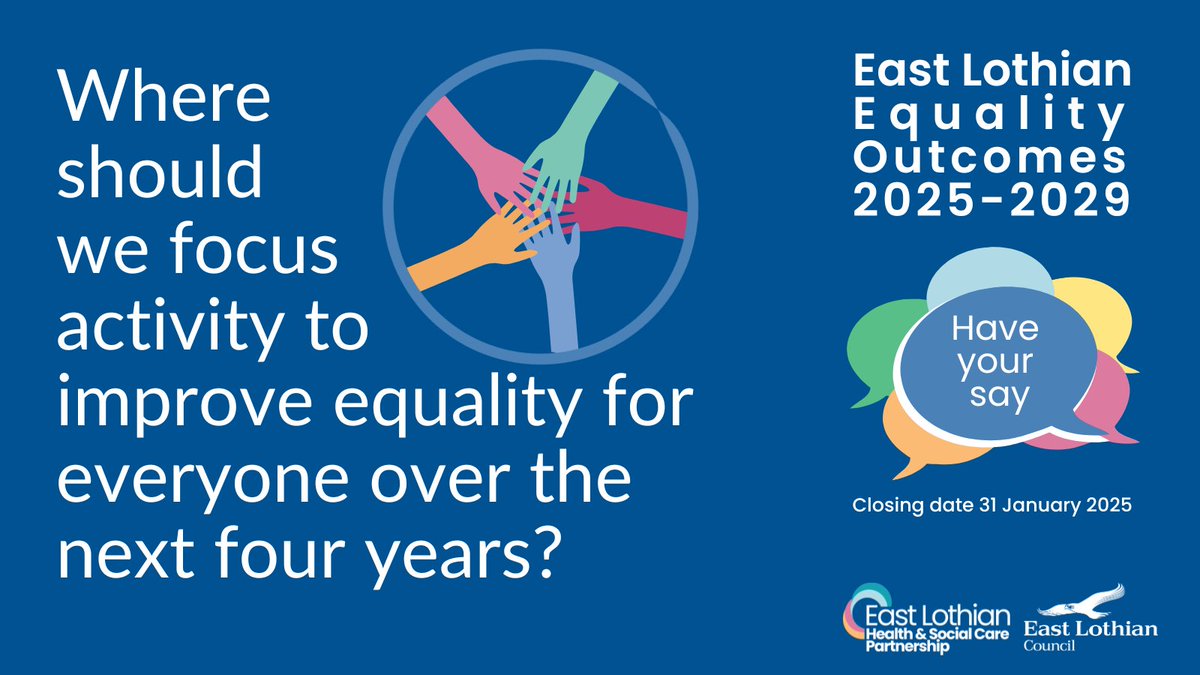 East Lothian HSCP (@elhscp) on Twitter photo HAVE YOUR SAY! Equality Outcomes 2025-2029
The Equality Act 2010 requires <a href="/ELCouncil/">East Lothian Council - news and information</a> and <a href="/ELHSCP/">East Lothian HSCP</a> to develop equality outcomes every four years. We want to hear from you!
Take the Pan-Lothian survey:
midlothiancouncil.citizenspace.com/planning/equal…
Closing date is 31 Jan 25. Thank you! HAVE YOUR SAY! Equality Outcomes 2025-2029
The Equality Act 2010 requires <a href="/ELCouncil/">East Lothian Council - news and information</a> and <a href="/ELHSCP/">East Lothian HSCP</a> to develop equality outcomes every four years. We want to hear from you!
Take the Pan-Lothian survey:
midlothiancouncil.citizenspace.com/planning/equal…
Closing date is 31 Jan 25. Thank you!