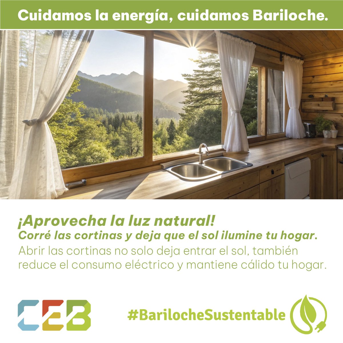 🌞 ¡Aprovechá la luz natural!
Abrir las cortinas no solo deja entrar el sol, también reduce el consumo eléctrico y mantiene cálido tu hogar. 🌄
Cada pequeño gesto cuenta para cuidar nuestra energía, ahorrar en casa y proteger el entorno único que compartimos. 💚