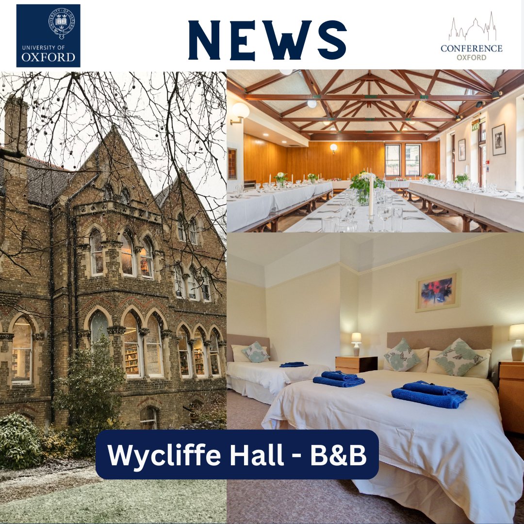 Conference Oxford (@confoxford) on Twitter photo Wycliffe Hall is delighted to welcome Bed and Breakfast visitors to stay in their accommodation, with recently refreshed rooms from £69 per night.
Bookings can be made through University Rooms: shorturl.at/eLFQs or conferences@wycliffe.ox.ac.uk Wycliffe Hall is delighted to welcome Bed and Breakfast visitors to stay in their accommodation, with recently refreshed rooms from £69 per night.
Bookings can be made through University Rooms: shorturl.at/eLFQs or conferences@wycliffe.ox.ac.uk