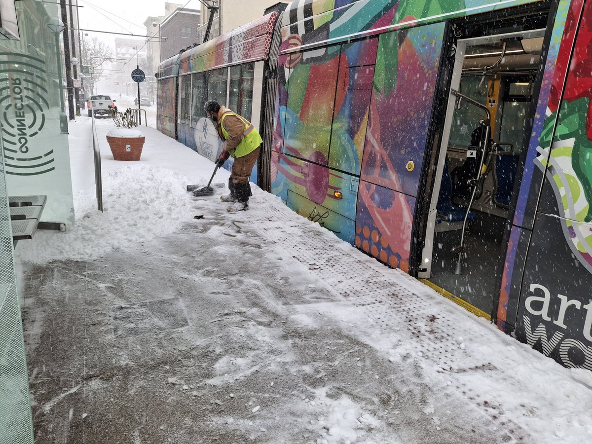 Cincinnati's streetcar <a href="/Connector_Cincy/">Connector</a> team has been out early digging out the stops. Streetcar has been running continuously during the storm.