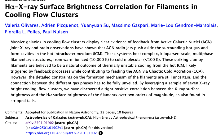It's paper day! I'm thrilled to share our new paper about the correlation between X-ray and Hα filaments in massive galaxies at the centers of cooling flow clusters. 

arxiv.org/abs/2501.01902