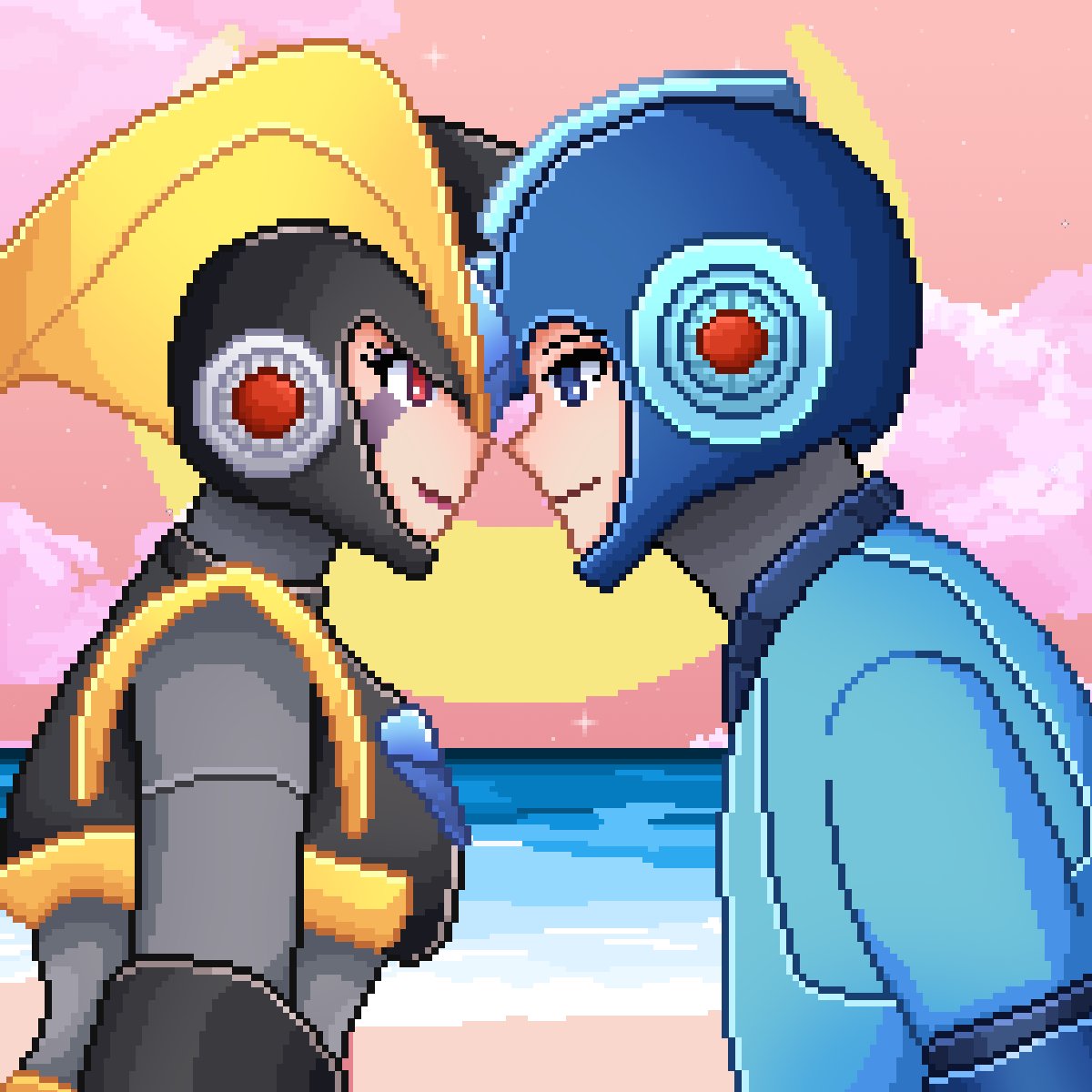 SyaniDesiree's tweet photo. Me di cuenta que había olvidado compartir esta maravillosa comisión Forterock/Bassrock en PixelArt hecha por la talentosa @sailorglitch_ 
Mega Man y Bass tienen una mejor vista que contemplar que el atardecer 🤭💖
#Forterock #Bassrock #MegaMan #FemaleBass https://t.co/QqaMey5ckj