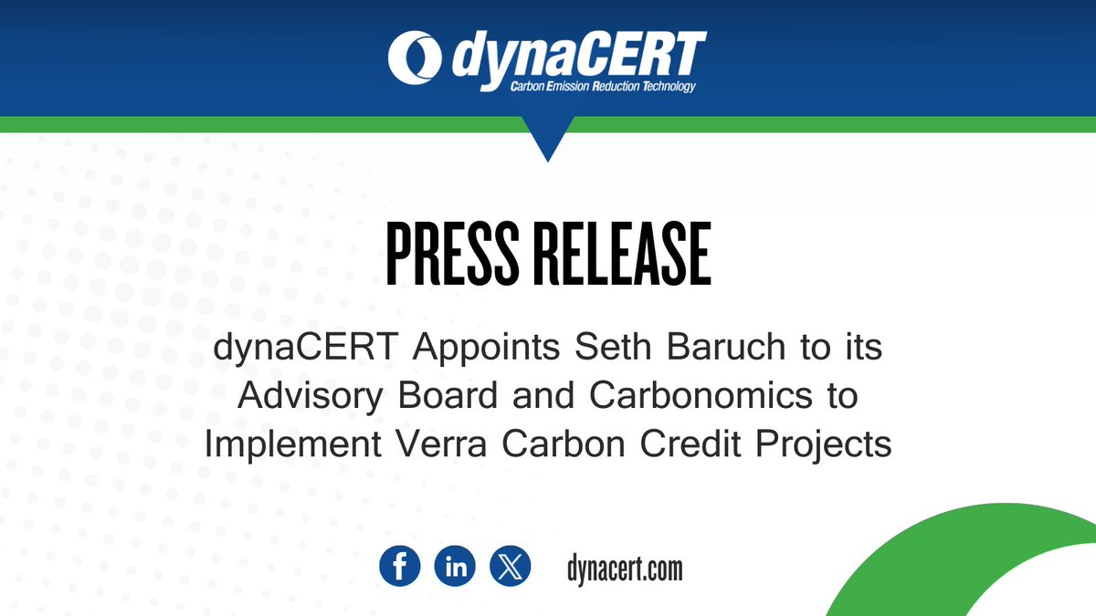 #NewsRelease! 👇

dynaCERT Appoints Seth Baruch to its Advisory Board and Carbonomics to Implement Verra Carbon Credit Projects

Read the full details here: bit.ly/40lF5g8

$DYA $DYFSF
#Energy #CarbonEmission #Tech #GreenSolution #Hydrogen