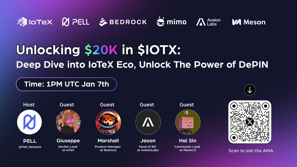 🎯 Unlocking $20K in $IOTX: Deep Dive into IoTeX Eco &amp; DePIN Power

📅 When: January 7, 2025, 1PM UTC
🎤 Where: Twitter Space x.com/i/spaces/1BRKj…

Featured Speakers:
• Giuseppe (DevRel Lead <a href="/iotex_io/">IoTeX</a>)
• Marshall (Product Manager <a href="/Bedrock_DeFi/">Bedrock | BR is LIVE</a>)
• Jason (Head of BD