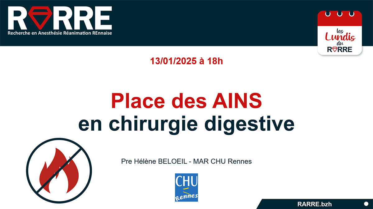 RARRE (@rarre35) on Twitter photo Lundi RARRE 2⃣8⃣ le 13/01 à 18h !
Place des AINS en chirurgie digestive.
avec la Pre <a href="/hbeloeil/">Prof. Helene Beloeil</a> (MAR <a href="/CHURennes/">CHU de Rennes</a>)
info▶️ rarre.bzh/LundisRARRE.ht…
<a href="/SFAR_ORG/">SFAR Anesthésie Réanimation</a> <a href="/SFARJeunes/">SFAR Jeunes</a> <a href="/POpARToulouse/">POpART</a> @IADE_de_France <a href="/AJARFrance/">AJAR France 🇫🇷</a> <a href="/ETUDIANTS_IADE/">ANEIA</a>
#ARMPO Lundi RARRE 2⃣8⃣ le 13/01 à 18h !
Place des AINS en chirurgie digestive.
avec la Pre <a href="/hbeloeil/">Prof. Helene Beloeil</a> (MAR <a href="/CHURennes/">CHU de Rennes</a>)
info▶️ rarre.bzh/LundisRARRE.ht…
<a href="/SFAR_ORG/">SFAR Anesthésie Réanimation</a> <a href="/SFARJeunes/">SFAR Jeunes</a> <a href="/POpARToulouse/">POpART</a> @IADE_de_France <a href="/AJARFrance/">AJAR France 🇫🇷</a> <a href="/ETUDIANTS_IADE/">ANEIA</a>
#ARMPO