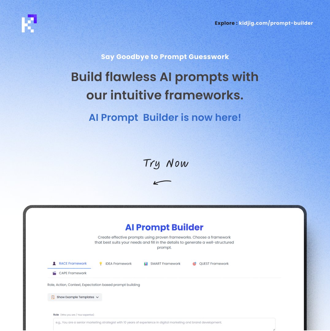 kidjigtech's tweet image. Are you ready to craft smarter, more effective AI prompts? Say hello to Kidjig Prompt Builder, the ultimate tool to bring your ideas to life!

🎯 What’s Inside?

RACE Framework: Rapidly create precise and actionable prompts.
IDEA Framework: Turn raw concepts into structured…