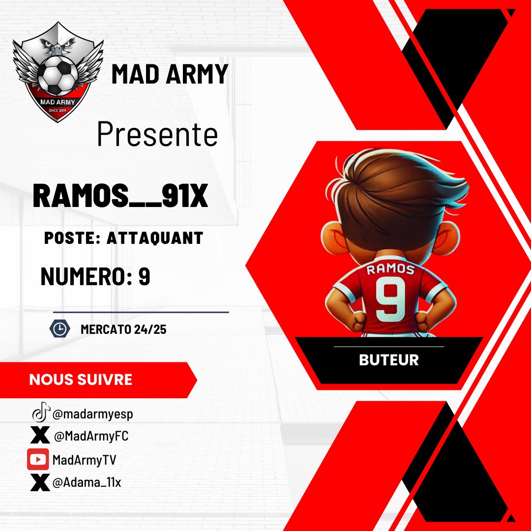 Mad Army (@madarmyfc) on Twitter photo Mercato 24/25
👤<a href="/Adama__11x/">Ramos__91x</a>
🎯 Attaquant
9️⃣ Numéro
Nous continuons avec l’arrivée de notre numéro 9️⃣ la technique, l’expérience, la finition, la simplicité et l’efficacité ! <a href="/Adama__11x/">Ramos__91x</a> #FC25 Mercato 24/25
👤<a href="/Adama__11x/">Ramos__91x</a>
🎯 Attaquant
9️⃣ Numéro
Nous continuons avec l’arrivée de notre numéro 9️⃣ la technique, l’expérience, la finition, la simplicité et l’efficacité ! <a href="/Adama__11x/">Ramos__91x</a> #FC25