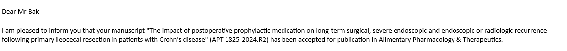 MichielBak's tweet photo. Great start of the year with two accepted papers in @APandT &amp; @IBDJournals focused on post-operative recurrence in Crohn's disease and perianal CD! Full-text out soon🙌

@guthealthmd @MatthieuAllez @AnthonydeBuck @SunHoLee15 https://t.co/wmQ8fCHr2U