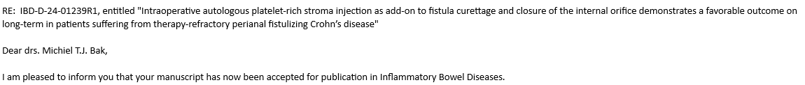 Great start of the year with two accepted papers in <a href="/APandT/">roypounder.apt</a> &amp; <a href="/IBDJournals/">IBDJournal & CC360</a> focused on post-operative recurrence in Crohn's disease and perianal CD! Full-text out soon🙌

<a href="/guthealthmd/">Dr Mark Silverberg</a> <a href="/MatthieuAllez/">Matthieu Allez</a> <a href="/AnthonydeBuck/">Anthony de Buck</a> <a href="/SunHoLee15/">Sun-Ho Lee MD PhD</a>