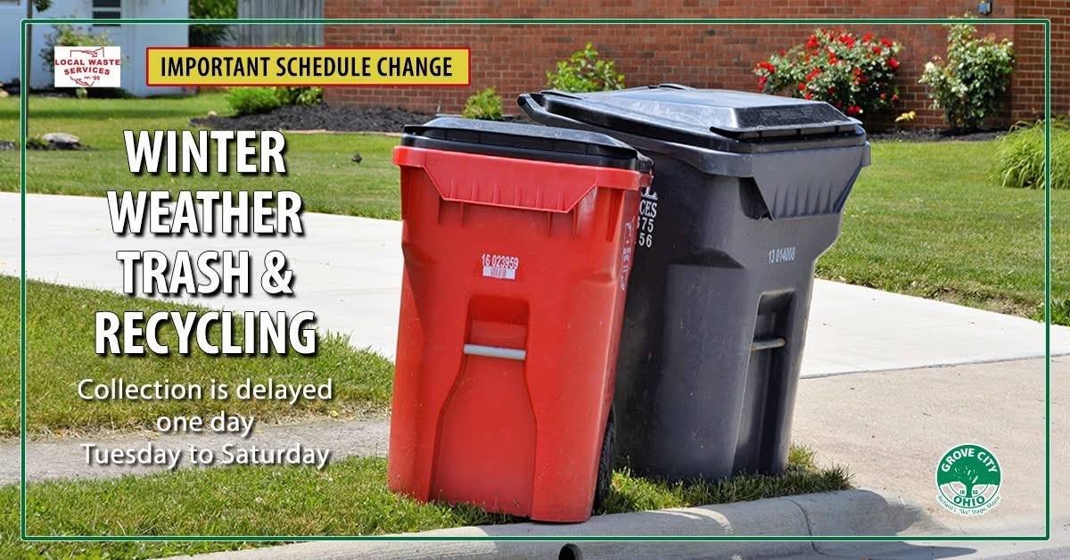 TRASH &amp; RECYCLING UPDATE - Please share.
▶️ Due to the extreme weather, Local Waste Services, LTD has delayed trash and recycling collection.
▶️ All collections this week are delayed by one day; Tuesday, Jan. 7 to Saturday, Jan. 11.

#grovecityohio