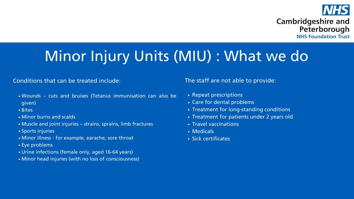 CPFT (@cpft_nhs) on Twitter photo Ely Minor Injury Unit (MIU) will be open until 8pm today (6 Jan) and tomorrow (7 Jan). It’s usually open 8.30am-6pm. Our three MIUs – also in Doddington and Wisbech – treat people whose minor injury or illness is not severe enough for A&E bit.ly/3mzXQJr <a href="/CambsPboroICS/">Cambs & Peterborough Integrated Care System</a> Ely Minor Injury Unit (MIU) will be open until 8pm today (6 Jan) and tomorrow (7 Jan). It’s usually open 8.30am-6pm. Our three MIUs – also in Doddington and Wisbech – treat people whose minor injury or illness is not severe enough for A&E bit.ly/3mzXQJr <a href="/CambsPboroICS/">Cambs & Peterborough Integrated Care System</a>