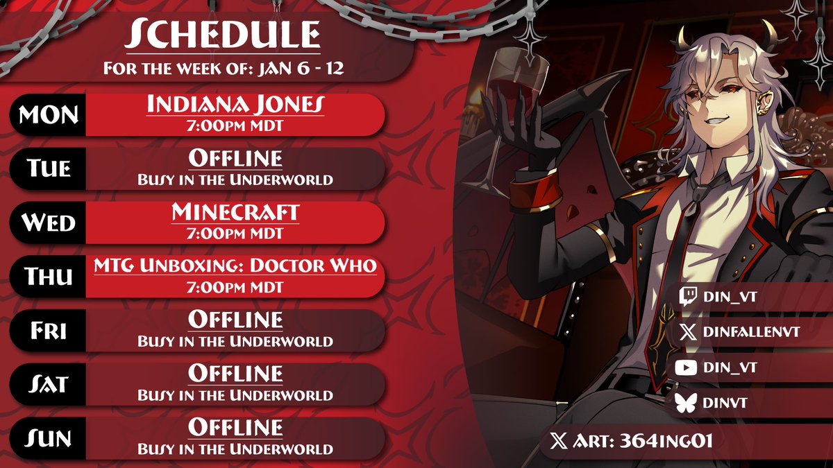 Schedule is out now!

January 6th - 12th

This week on Thursday I’ll be opening packs from a Doctor Who Collector Booster Box from MTG! Wish me luck!!

#Vtubers #ENVTuber