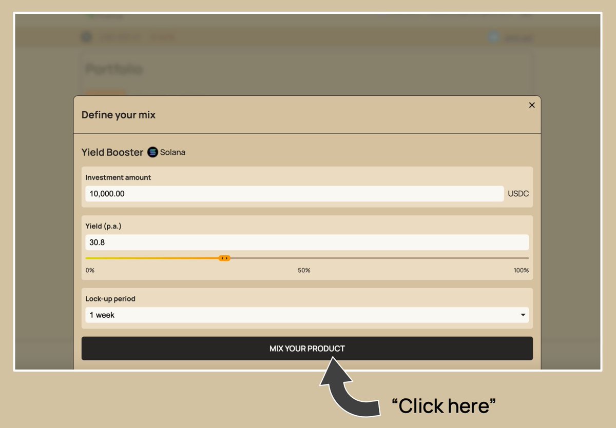 🍹 Mix your own Yield Booster on Margarita Finance in just a few steps!

After successful onboarding, it’s as simple as:
1️⃣ Click “MIX YOUR PRODUCT”
2️⃣ Configure your product:
➡️Choose your investment amount
➡️Select your desired yield
➡️Set your lock-up period
➡️Choose between