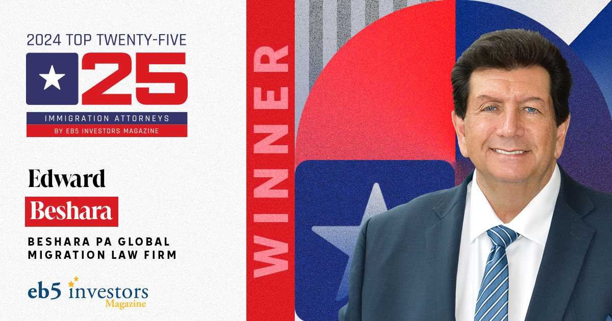 EB5InvestorsMag's tweet photo. We congratulate Ed Beshara from @BesharaLaw for being a 2024 TOP 25 award winner in the Immigration Attorneys category!
Click the link to read the new edition of the EB5 Investors Magazine to learn more!
https://t.co/QiBelvVgJO
#eb5 #Immigration #investor #visa #USA https://t.co/4HRMSoe3cI