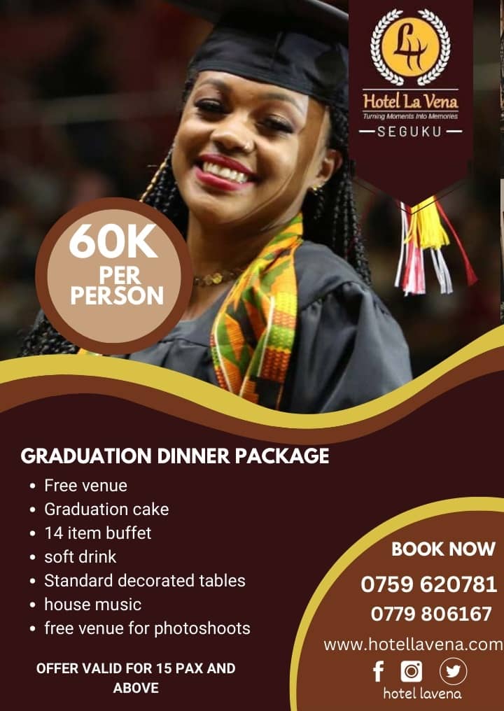 RcBwebajja's tweet photo. Celebrate your graduate's success with a special dinner @HotelLavena Seguku 🎉 🎓 Enjoy a delicious meal and create lasting memories.
Don't miss out! ✨ #GraduationDinner #SpecialOffer
#WeAreBwebajja