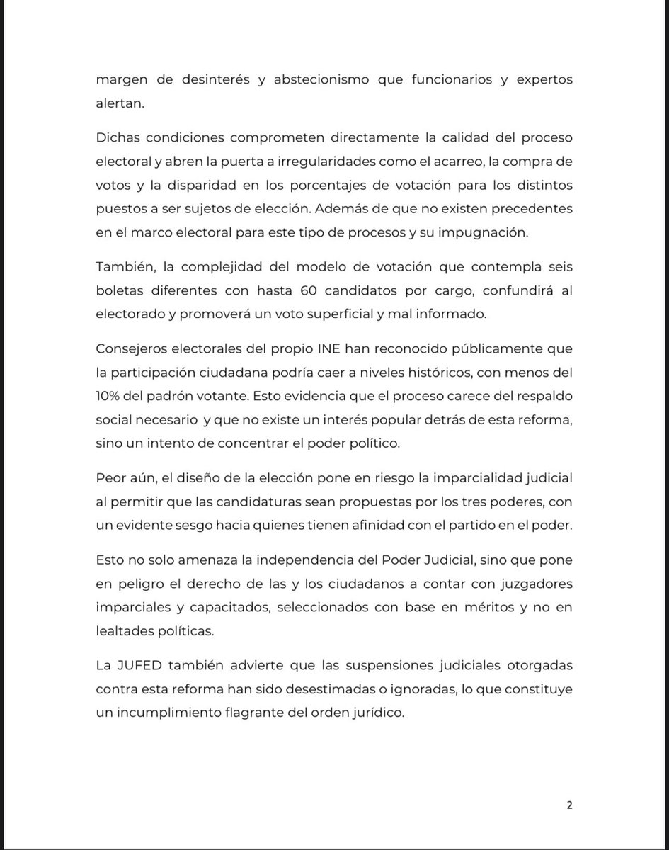 ErnestoGuerra_'s tweet photo. 𝑨𝑵𝑻𝑬 𝑮𝑹𝑨𝑽𝑬𝑺 𝑰𝑵𝑪𝑶𝑵𝑺𝑰𝑺𝑻𝑬𝑵𝑪𝑰𝑨𝑺 𝑬𝑵 𝑳𝑨 𝑶𝑹𝑮𝑨𝑵𝑰𝒁𝑨𝑪𝑰𝑶́𝑵 𝑫𝑬 𝑬𝑳𝑬𝑪𝑪𝑰𝑶́𝑵 𝑱𝑼𝑫𝑰𝑪𝑰𝑨𝑳, 𝑱𝑼𝑭𝑬𝑫 𝑳𝑳𝑨𝑴𝑨 𝑨 𝑺𝑼 𝑺𝑼𝑺𝑷𝑬𝑵𝑺𝑰𝑶́𝑵

La JUFED llega con nuevos bríos este 2025 y plantea que ante “…las severas inconsistencias y riesgos que plantea la elección de personas juzgadoras bajo la impugnada reforma judicial. Este proceso, lejos de "democratizar" al Poder Judicial, expone su independencia a la franca injerencia política, vulnera los derechos humanos de las personas y compromete la confianza en la República, razón por la cual debe suspenderse.”