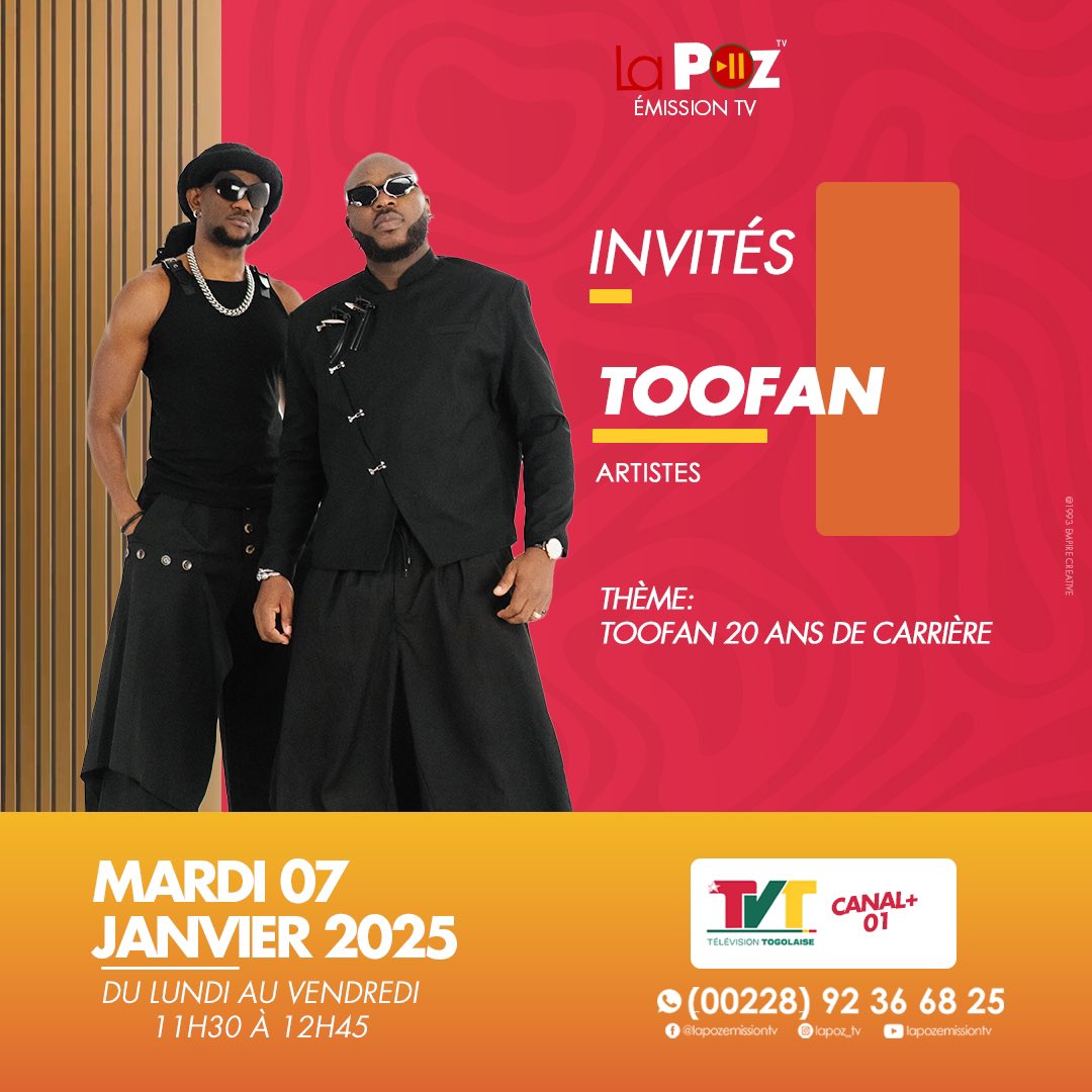 ToofanOfficiel's tweet image. 🌟 Demain mardi, nous vous donnons rendez-vous sur la TVT dans l’émission LAPOZ ! 🎤✨ Préparez-Vous à vibrer ensemble avec les fils du vent pour un moment unique rempli d’énergie et de surprises. Ne manquez pas ce grand moment ! 🇹🇬🔥 #Toofan #LAPOZ #TVT #madeintogo