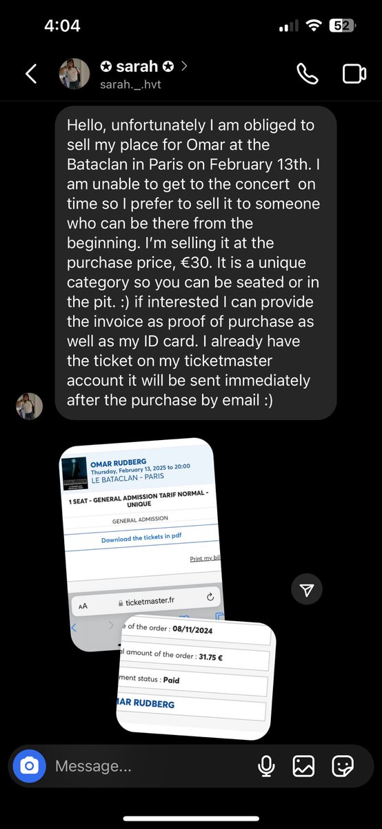 omarxxhasea's tweet photo. Hi guys, my friend is selling x1 ticket for the Paris show on February 13th for the original price !!

DM me if you’re interested , I will send you my friends insta.

Omar Rudberg Paris Bataclan February 13th.

rt pls <3333 https://t.co/SbJkw45ESV