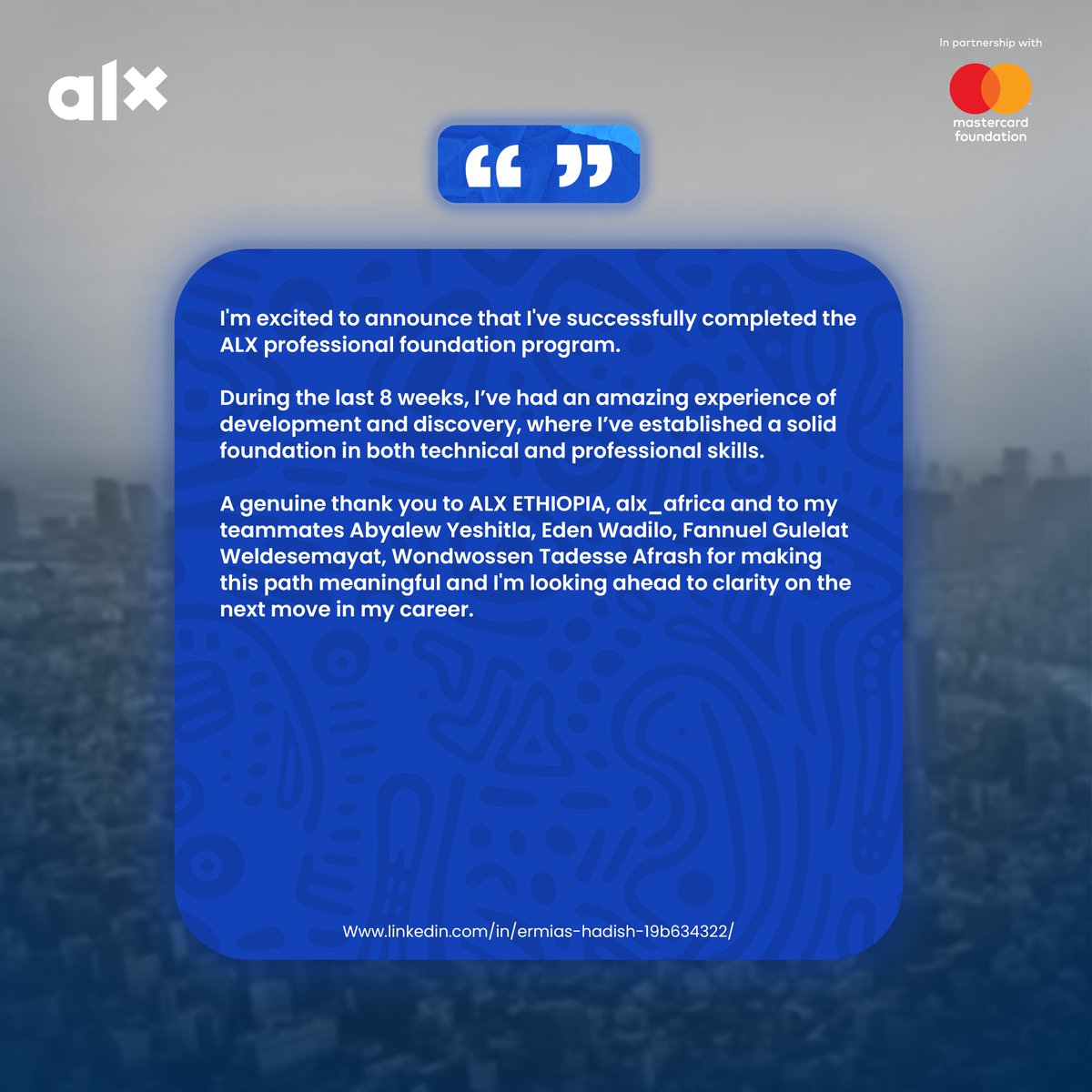 🌟 Over 8 weeks, Ermias Hadish built a strong foundation in technical and professional skills with the ALX Professional Foundation Program. 🚀

💡 Ready to grow? Start your journey: bit.ly/3YEmDNQ

#ALXEthiopia #DoHardThings #SuccessStories