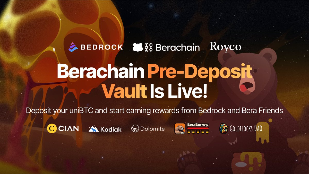 Bedrock_DeFi's tweet photo. The bears are out foraging... and they’ve sniffed out the juiciest stash yet! 😋🍯 

The uniBTC @berachain Vault is live! Deposit your BTC assets and start stacking honey-dripping rewards from Bedrock, @CIAN_protocol and our Bera frens. 🐻💎 
🔗 https://t.co/VVbK4jSEFQ  

Here’s why you don’t want to miss this feast: ⬇️