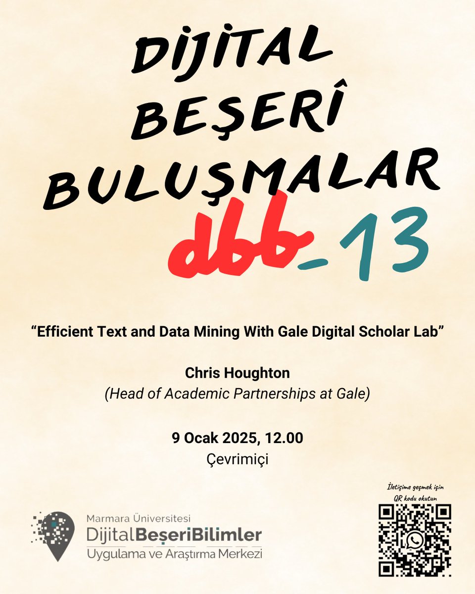 Dijital Beşerî Buluşmalar'ın 13'üncüsü, araştırmacılara dijital çözümler sunan Gale şirketinden Chris Houghton'ın (<a href="/DHandDSatGale/">Chris Houghton</a>) katılımıyla 9 Ocak Perşembe 12.00'da çevrimiçi olarak gerçekleşecektir.