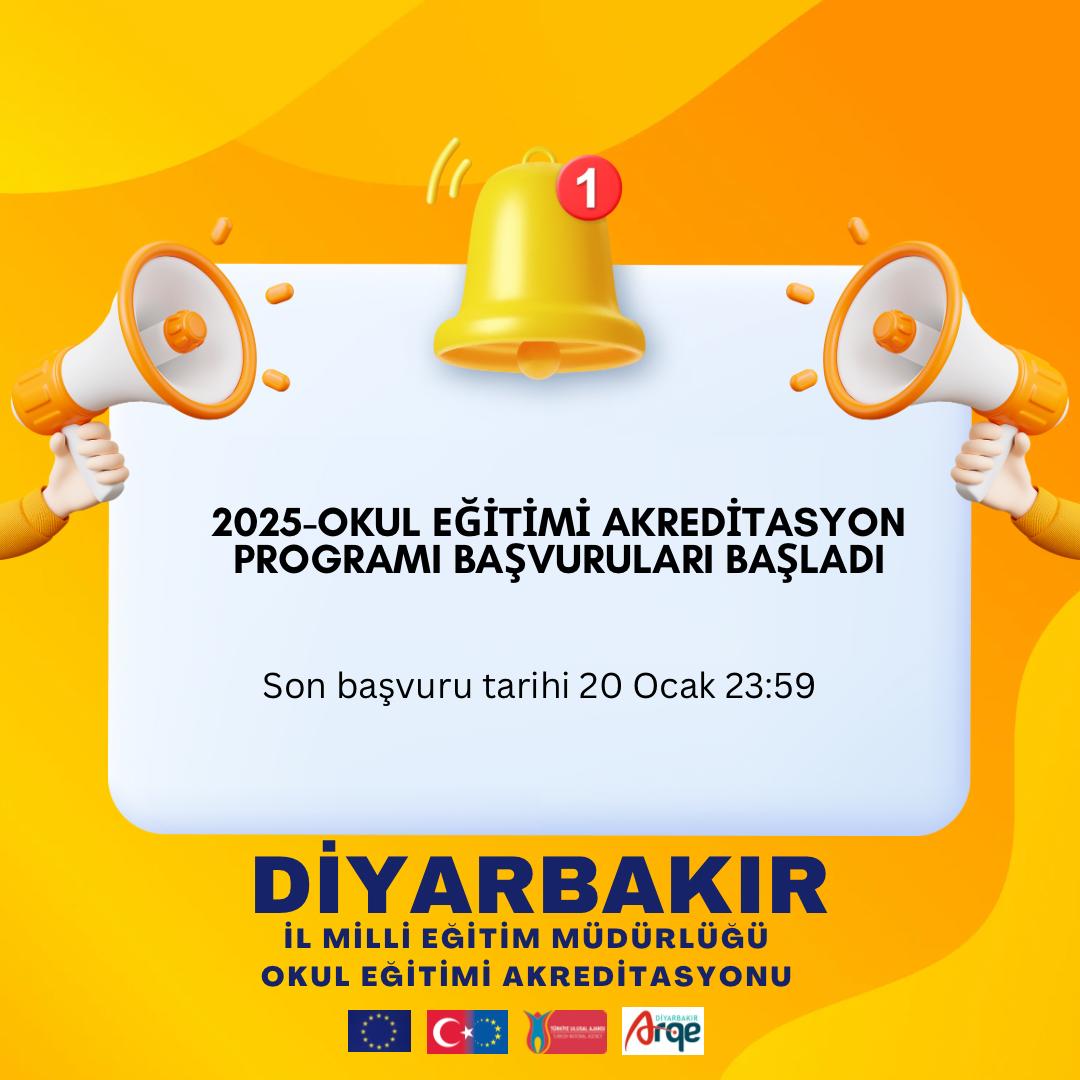 Erasmus+ 2025 Okul Eğitimi Akreditasyonu Başvuruları Başladı

Diyarbakır İl Milli Eğitim Müdürlüğü Erasmus+ 2025 Okul Eğitimi Akreditasyonu konsorsiyum başvuruları Turna Portal'da yayınlandı.
🔗 turnaportal.ua.gov.tr

<a href="/tcmeb/">Millî Eğitim Bakanlığı</a> <a href="/Yusuf__Tekin/">Yusuf Tekin</a>
<a href="/ulusalajans/">Türkiye Ulusal Ajansı 🇹🇷 Turkish NA</a> <a href="/Murat4Kucukali/">Murat Küçükali</a>