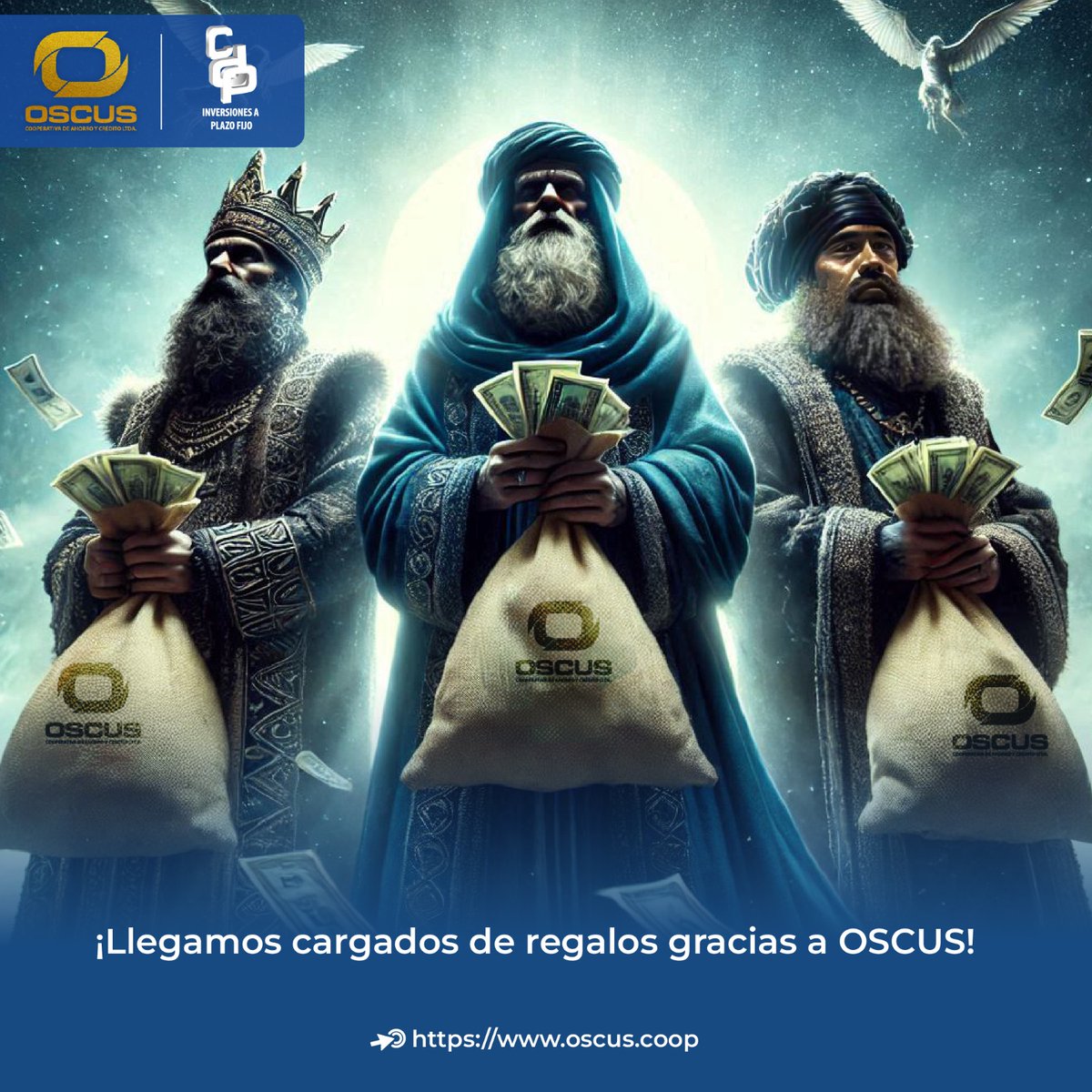 CoopOSCUS's tweet photo. ¡Llegaron los Reyes Magos!
Y llegan con las manos llenas, gracias a que confían su dinero en OSCUS.
Un año más haciendo buenas elecciones estos sabios hombres.
¡Confían siempre en la experiencia!
#OSCUS #Evolucionamos #ParaTi https://t.co/9s4vmOocpE