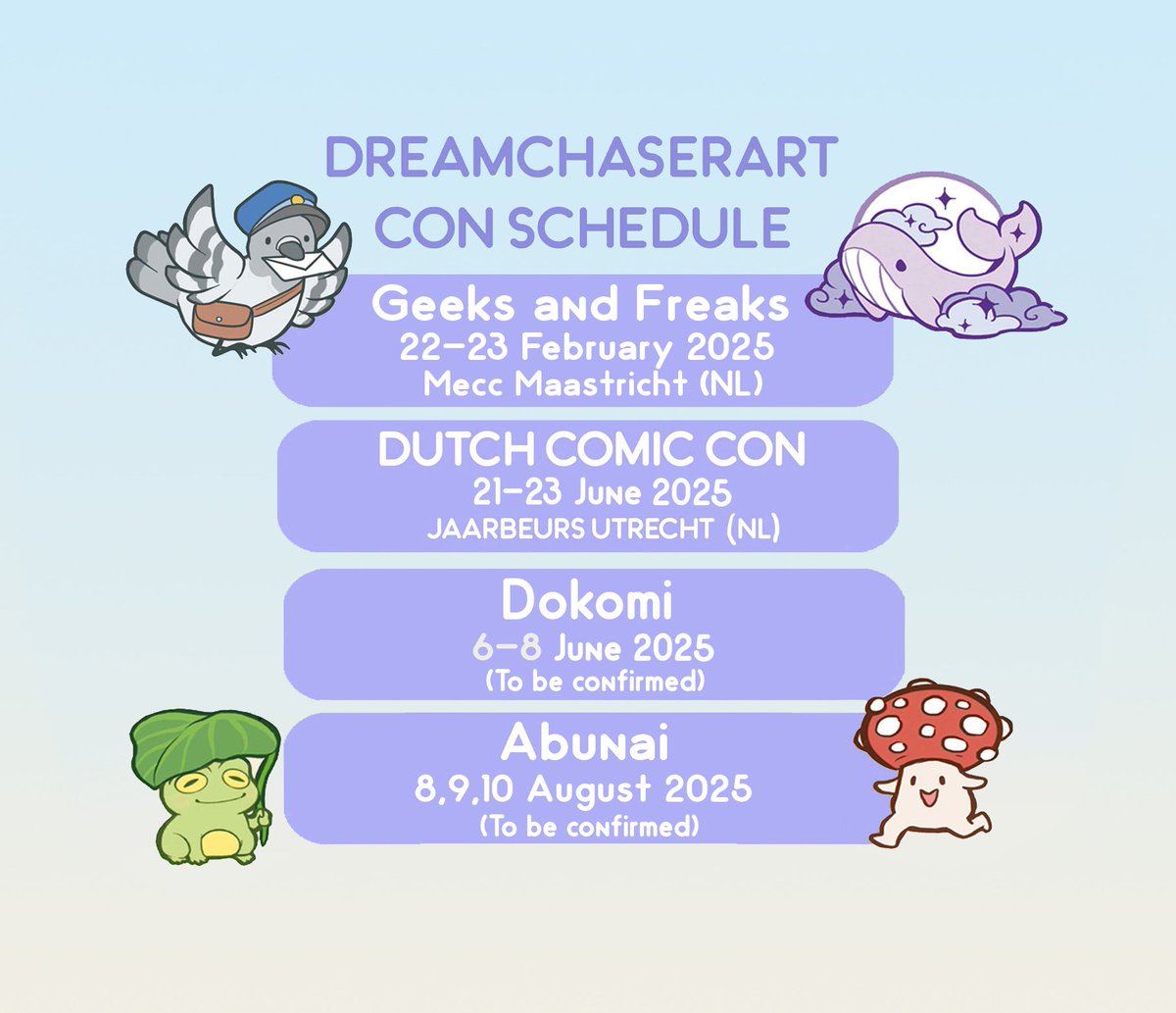 dreamchaserart's tweet photo. A new year, a new con schedule. I hope that I will be able to add a few more cons later this year. ๐
#dreamchaserart #anime #manga #conventions #events #dcc #dutchcomiccon #geeksandfreaks #dokomi #abunaicon #artistalley #conschedule https://t.co/XMfraGdBom