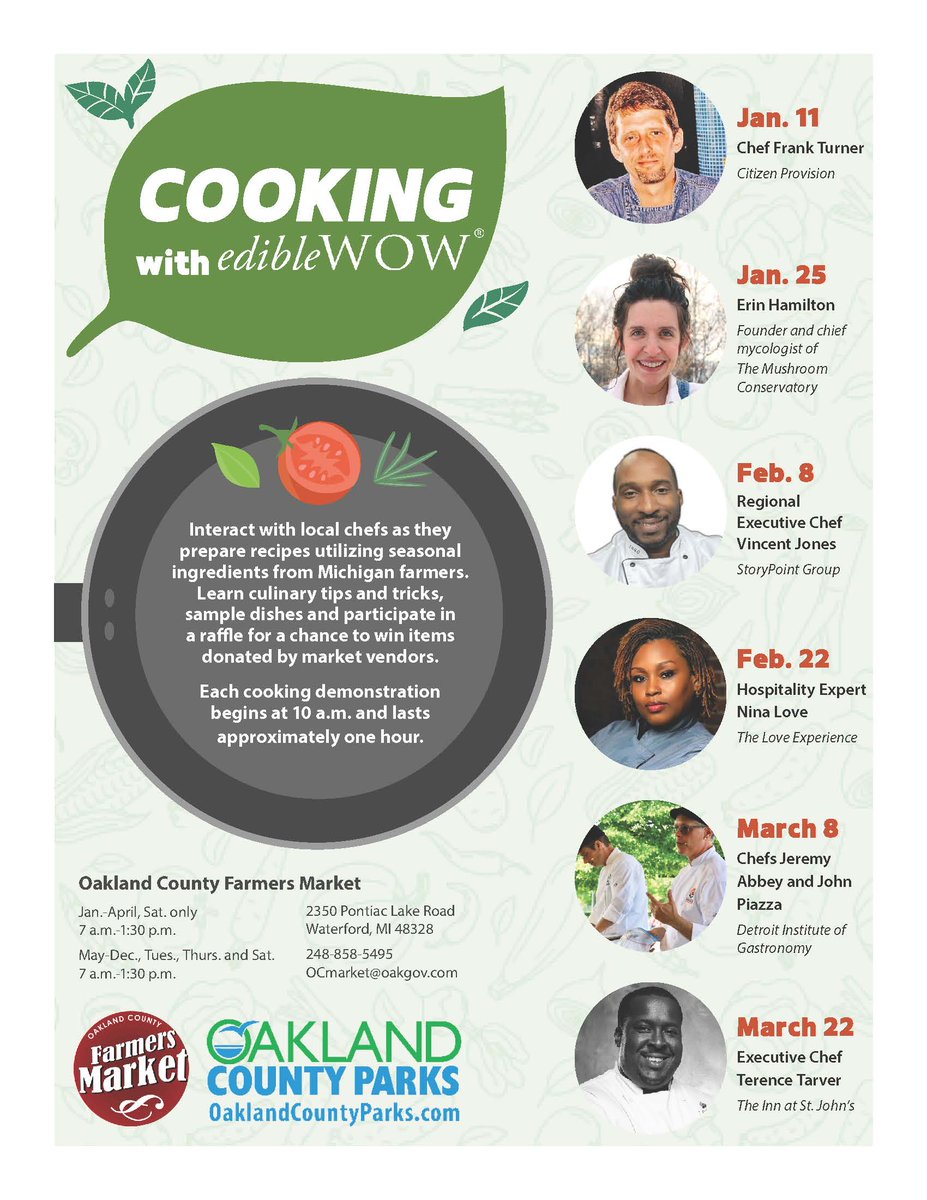 Oakland County Parks (@ocparksandrec) on Twitter photo π§Join the Oakland County Farmers Market for the 2025 Cooking with <a href="/EdibleWOW/">Robb Harper</a> demo series from 10-11 a.m. beginning Saturday, Jan. 11. These popular FREE events feature local chefs preparing innovative dishes using fresh ingredients available throughout the winter months. π΄ π§Join the Oakland County Farmers Market for the 2025 Cooking with <a href="/EdibleWOW/">Robb Harper</a> demo series from 10-11 a.m. beginning Saturday, Jan. 11. These popular FREE events feature local chefs preparing innovative dishes using fresh ingredients available throughout the winter months. π΄